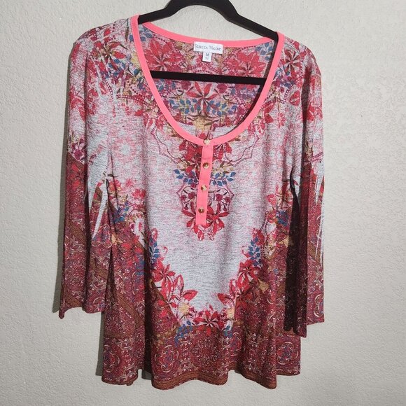 Rebecca Malone Blouse Womens Medium Floral Print Henley Neckline - Picture 1 of 13